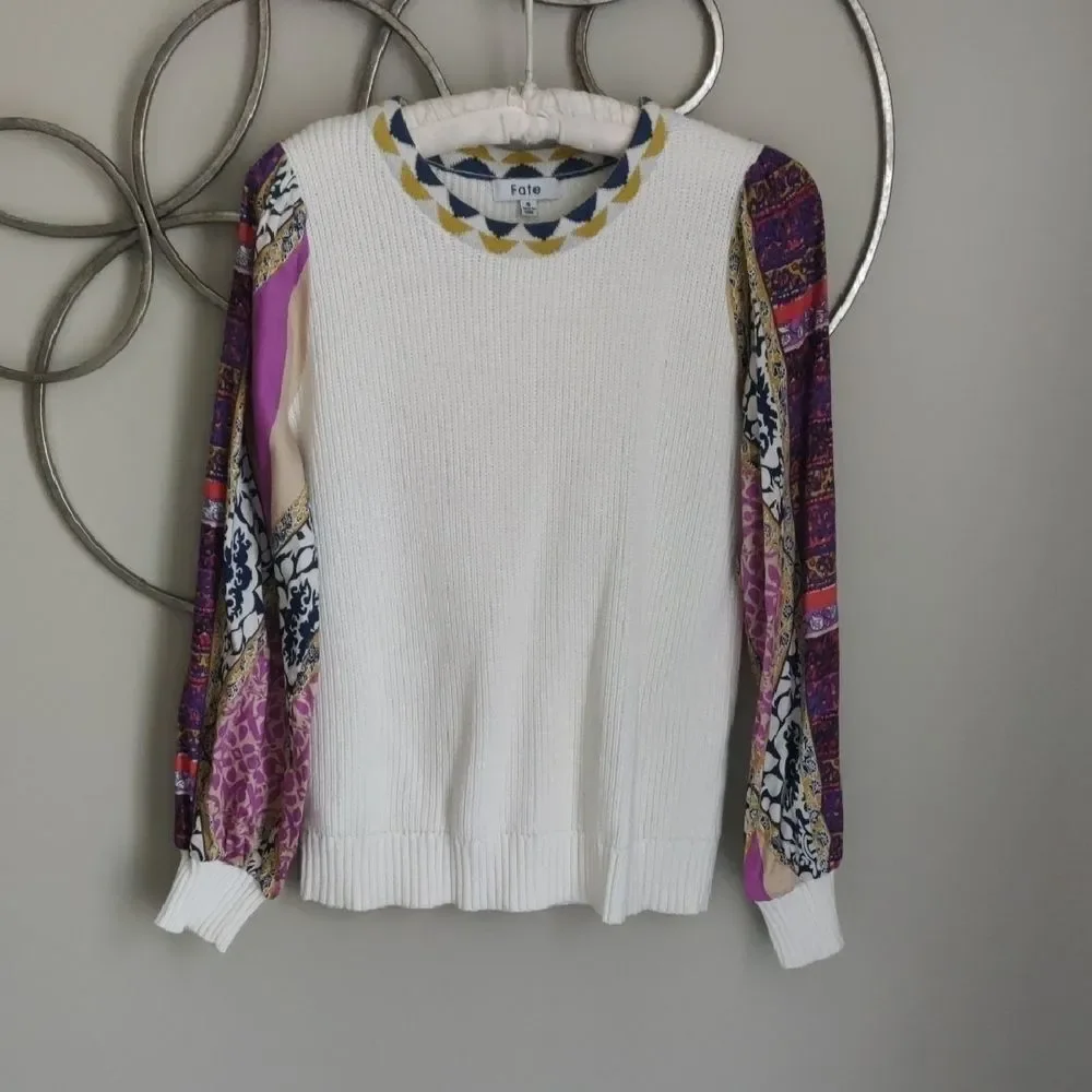Fate Cream Sweater with Purple and Gold Puff Sleeves